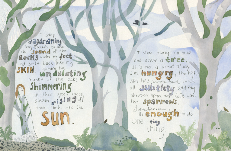 An illustration of a woman under oak trees with the text of the post poem hand-drawn between the trees.